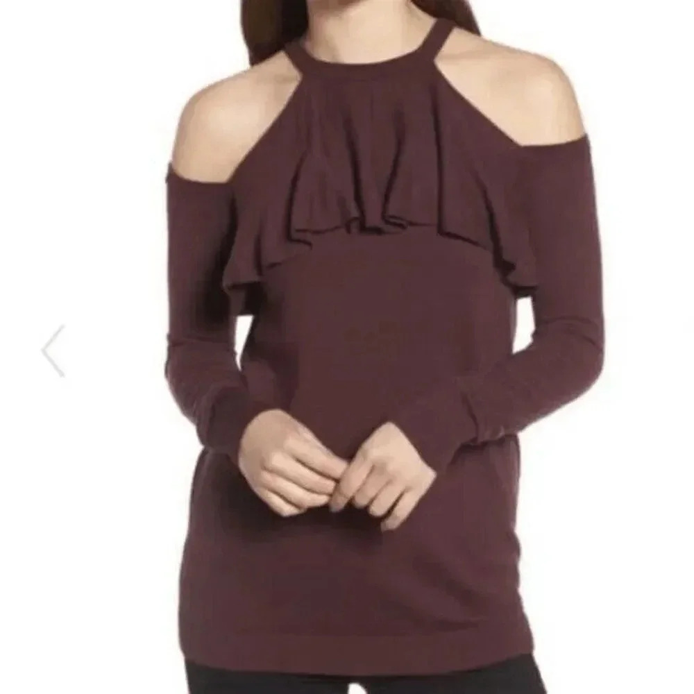 Chelsea28 Cold‎ Shoulder Ruffle Sweater Women's Size S Maroon Long Sleeve